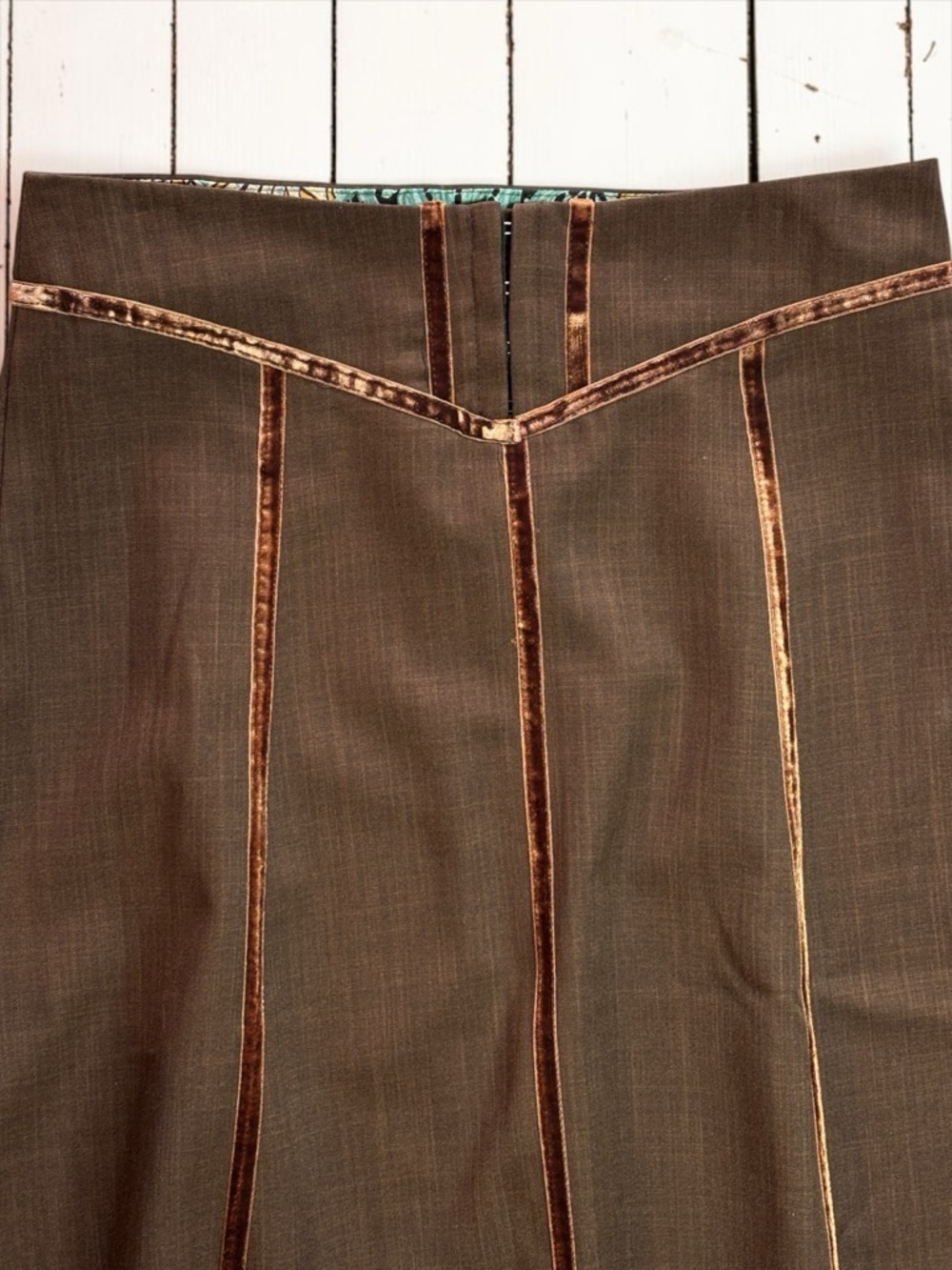 Scott Brown Velvet Trim A-Line Skirt Brown Panel Pleated Y2K Vintage Medium